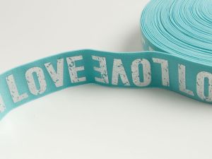 Gummiband mit Foliendruck ca. 40mm - Love - helles blau