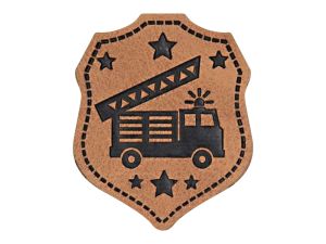 Jessy Sewing Kunstleder-Label mit aufgedruckter Nähnaht - "Wappen Feuerwehr" - braun