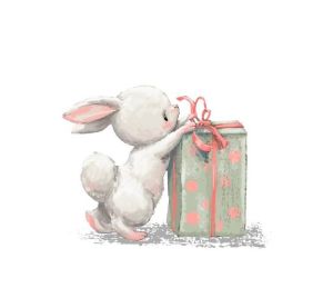 Transfer-Applikation zum Aufbügeln - ca. 12,0 cm x 15,3 cm - freudiges Häschen mit Geschenk