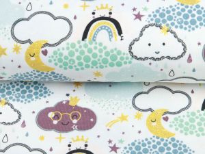 Jersey Cotton mit Foliendruck - lustige Wolken - weiß-mint