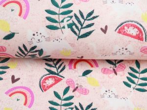 Jersey Cotton - fröhliche Katzen und Schmetterlinge - schraffiert rosa