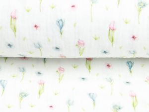 Musselin Baumwolle Double Gauze Digitaldruck Mille Fleurs - prachtvolle Tulpen - weiß-rosa