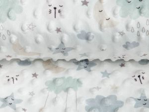 Wellnessfleece Minky mit Noppenprägung - Sonne, Mond und Sterne - wollweiß-mint