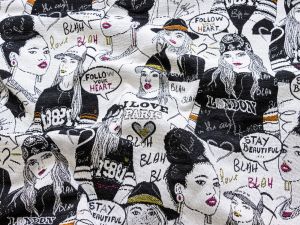 Jacquard Gobelin Dekostoff mit Glitzer - Frauen im Comicstyle - wollweiß