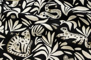 Jacquard Gobelin Dekostoff mit Glitzer - Safarietiere und Blätter - schwarz