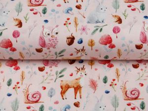 Webware Popeline Digitaldruck Snoozy Hirsch und Freunde - freundliche Waldtiere - rosa