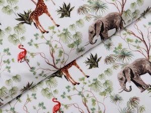 Webware Popeline Baumwolle Digitaldruck - Giraffen und Zebras - weiß