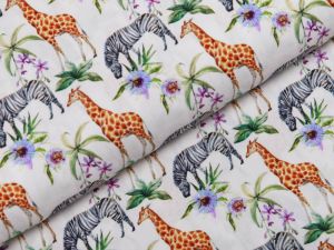 Webware Popeline Baumwolle Digitaldruck - Zebras und Giraffen - weiß