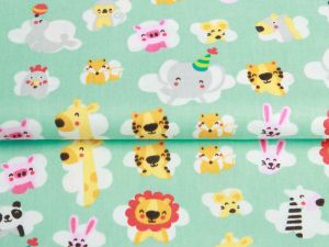 Webware Öko - Baumwolle Patchwork Quilt Serie " Partyanimal " Melan & Cia Kollektion - Tiere auf Wolken - mint