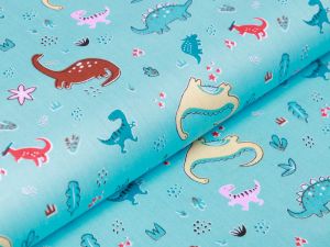 Twill Baumwolle - kleine und große Dinos - aqua