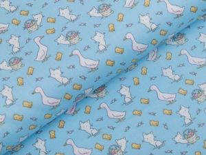 Webware Baumwolle Popeline - Gänse und Katzen - helles blau