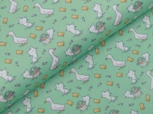 Webware Baumwolle Popeline - Gänse und Katzen - mint