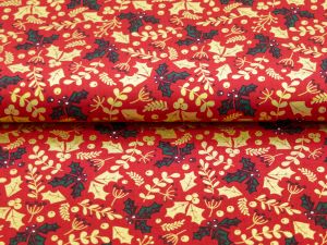 Webware Baumwolle Popeline mit Foliendruck - Stechpalme und Winterbeeren - rot