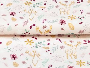 Webware Baumwolle Popeline mit Foliendruck - Rotwild und Weihnachtsgeschenke - rosa