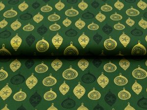 Webware Baumwolle Popeline mit Foliendruck - Weihnachtskugeln - tannengrün
