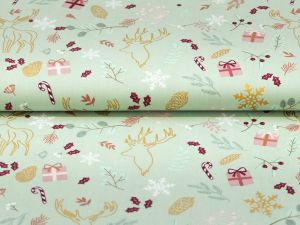 Webware Baumwolle Popeline mit Foliendruck - Rotwild und Weihnachtsgeschenke - mint