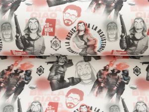 Webware Baumwolle Popeline Digitaldruck La Casa De Papel - El Professor und ein Team von Kriminellen - weiß