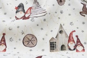Gewebter Jacquard Dekostoff mit Glitzer Weihnachten in Leinenoptik - fleißige Wichtel - ecru