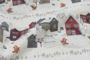 Gewebter Jacquard Dekostoff mit Glitzer Weihnachten in Leinenoptik - verschneite Winterlandschaft - ecru