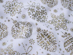 Jacquard Gobelin Dekostoff mit Glitzer in Leinenoptik - Weihnachtskugeln - ecru 
