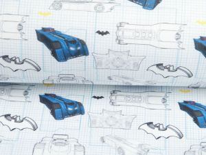 Webware Baumwolle Popeline Digitaldruck Batman - Batmobile auf Karos - weiß