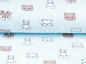 Jersey - putzige Tiergesichter und Herzen - pastellblau