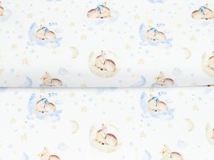 Webware Baumwolle Popeline Digitaldruck Mix Cloudy Snoozy - schlafende Rehe auf Wolken - weiß