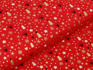 Webware Baumwolle Popeline mit Foliendruck - Weihnachtsbäume und Sterne - rot