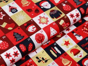 Webware Baumwolle Popeline mit Foliendruck - Weihnachtliche Figuren auf Karos - marine