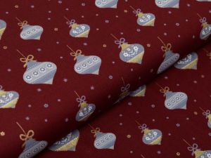 Webware Baumwolle Popeline mit Foliendruck - Weihnachtsbaumkugeln - bordeaux