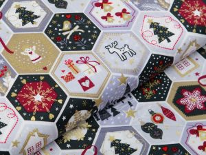 Webware Baumwolle Popeline mit Foliendruck - Weihnachtliche Patches - wollweiß