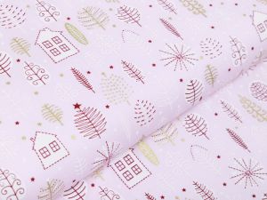 Webware Baumwolle Popeline mit Foliendruck - Weihnachtliche Bäume und Häuser - helles rosa