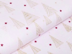 Webware Baumwolle Popeline mit Foliendruck - Weihnachtsbäume und Sterne - rosa