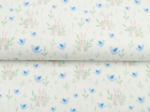 Jersey Digitaldruck - Hasen auf Blumenwiese - wollweiß