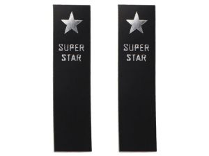 2 Knick-Applikationen / Knick-Label aus ökologischem Kunstleder ca. 15x60mm - Superstar - schwarz-silberfarben