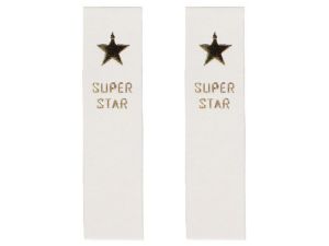 2 Knick-Applikationen / Knick-Label aus ökologischem Kunstleder ca. 15x60mm - Superstar - wollweiß-goldfarben