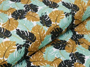 Jersey Swafing Theo - viele Monstera-Blätter - weiß/mint