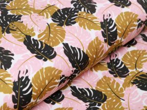 Jersey Swafing Theo - viele Monstera-Blätter - weiß/rosa