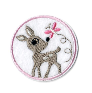 Stick - Applikation zum Aufbügeln ca. 5,0 cm x 5,0 cm - Reh mit Schmetterling - weiß