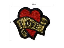 Nahaufnahme von Stick-Applikation zum Aufnähen ca 5,5 cm x 5,0 cm - Love Herz - rot - gold