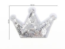 Nahaufnahme von Stick-Applikation zum Aufbügeln ca 6,5 cm x 4,5 cm - Krone mit Pailetten - silber 