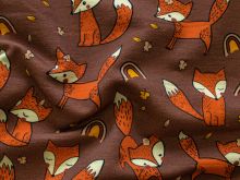 French Terry Stoff in Braun mit niedlichen Fuchs-Motiven, herbstlichen Blättern und Regenbögen – ideal für kreative Nähprojekte wie Kinderkleidung, Hoodies oder Accessoires
