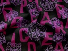 Nahaufname Jersey mit lila Bärenköpfen und pinken Buchstaben, Hintergund anthrazit