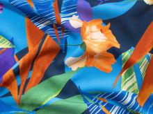 Webware Viskose Stretch - Blumen und Blätter - blau