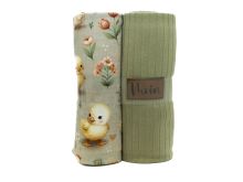 Jersey Stoffpaket mit Kunstleder- Label - Küken - olivgrün