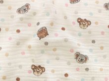 Nahaufnahme von Musselin Baumwolle Double Gauze - süße Tiere und Punkte - helles beige