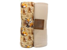 Nahaufnahme von Stoffpaket mit Kunstleder-Label - Füchse - beige