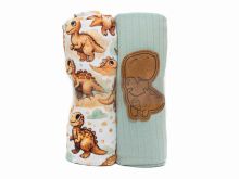 Nahaufnahme von Jersey Stoffpaket mit Kunstleder-Label - süße Dinosaurier - weiß - altmint