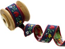 Nahaufnahme von Webband ca. 14 mm - Blumen und Herzen - dunkelblau 