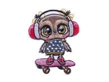 Stick-Applikation zum Aufgügeln ca. 4,5 cm x 5,5 cm - Eule auf Skateboard - beige